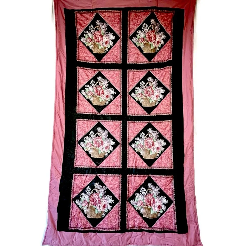 Vintage Handmade Quillow Quilted Pillow Blanket Travel Roses Pink & Black